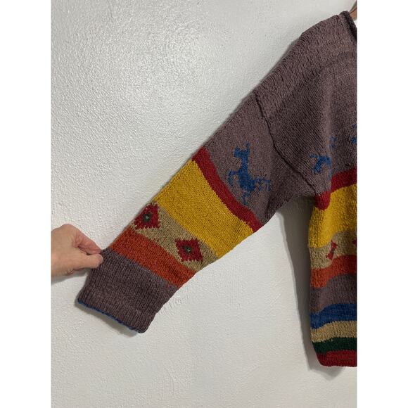 AMANO Equestrian Horse Rainbow Striped 100% Wool Sweater Heavyweight Aztec XL - Picture 2 of 13